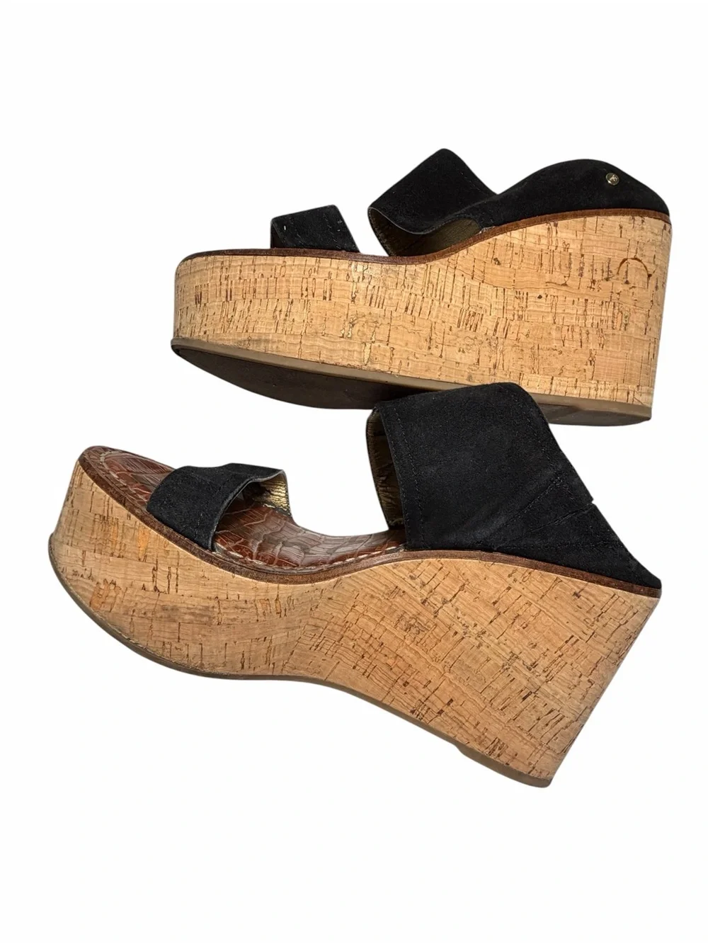 Sam Edelman Gala Women's Black Suede Two-Strap Cork Wedge Sandals Sz 8.5
